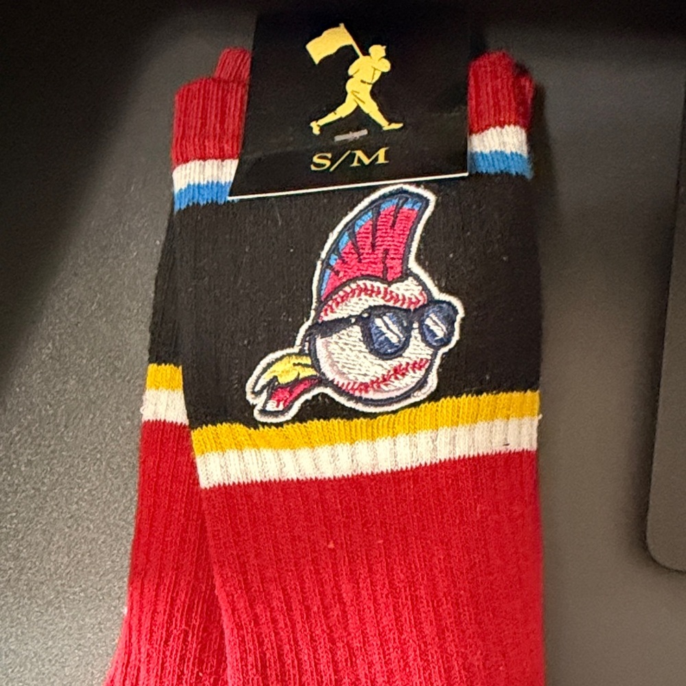 Casual Red & Black Crew Socks with Retro Baseball Patch